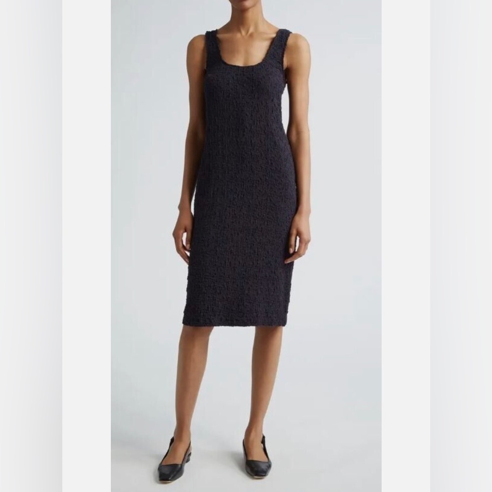 Vince Smocked Square Neck Tank Dress Dark Blue Coastal Texture Size Small NWT
